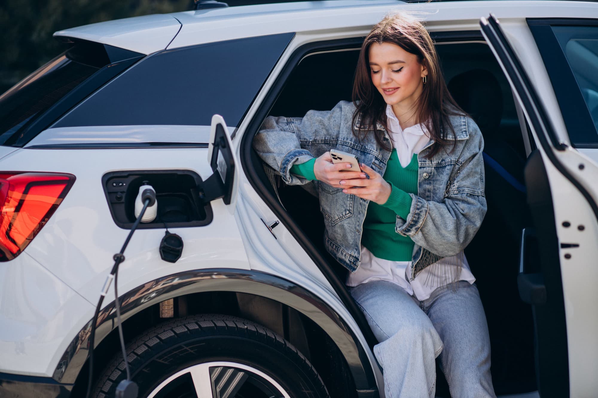 Checking a charging session on a phone beside the car