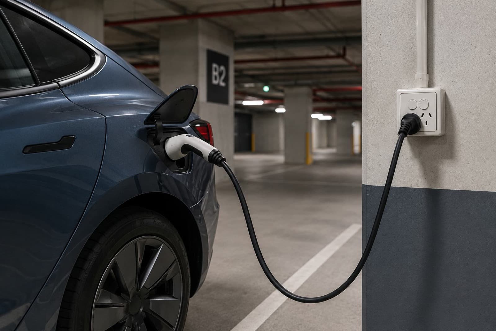 An EV charging from an ordinary power point in an apartment carpark