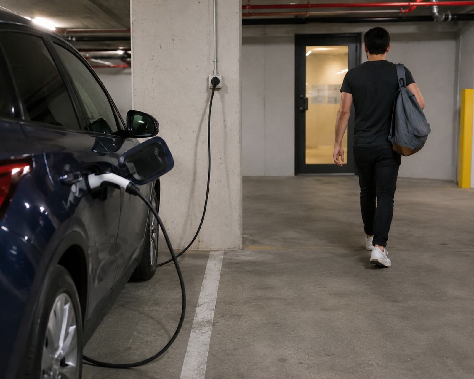 A resident walking away from their car while it charges